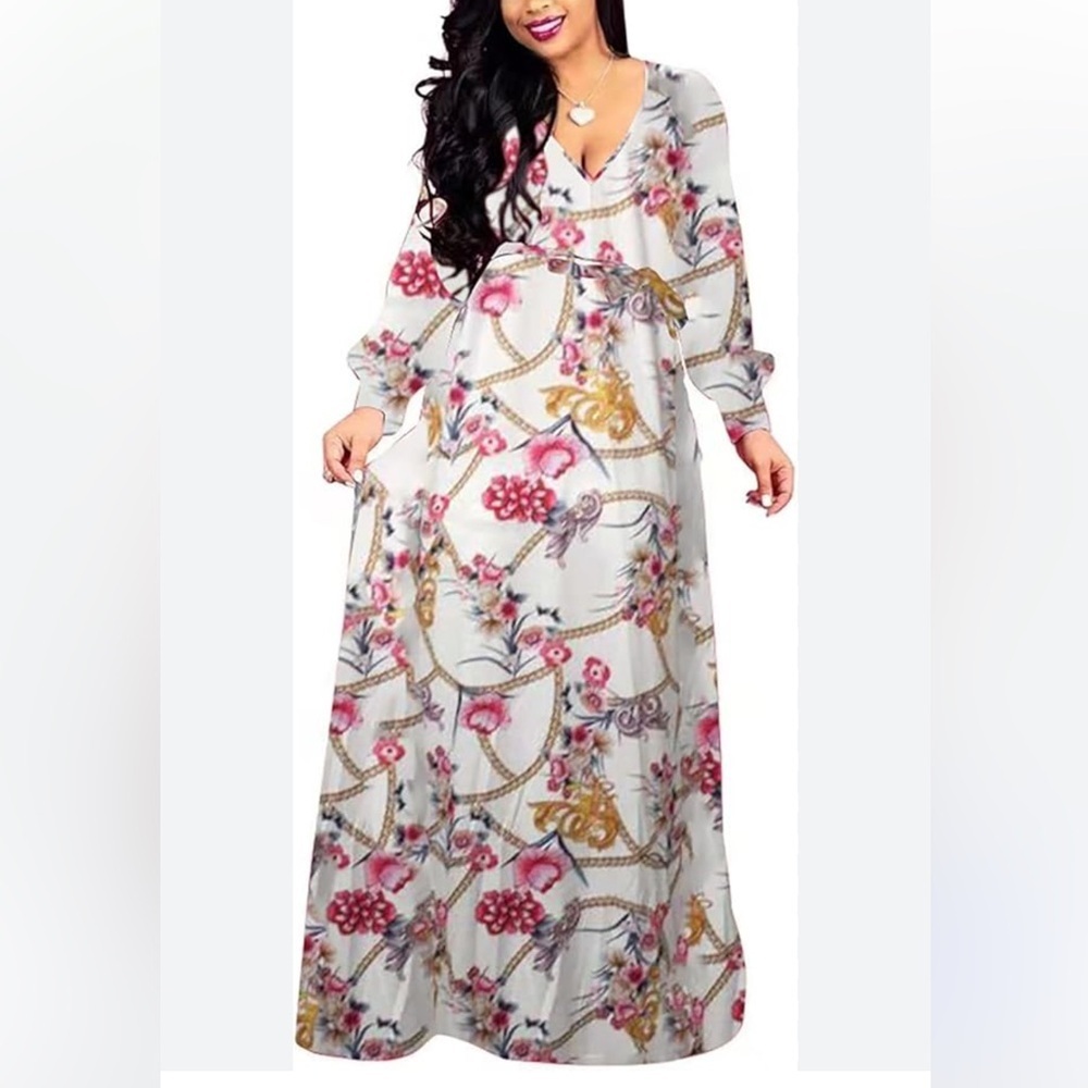 BOGURST BOHO Maxi Dress Chiffon Deep V-Neck Printed Loose Dress Sz L Women
